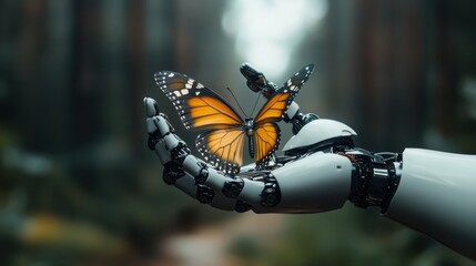 A stunning visual of a robotic hand gently holding a vibrant butterfly, symbolizing the harmony between technology and nature in a captivating forest backdrop.
