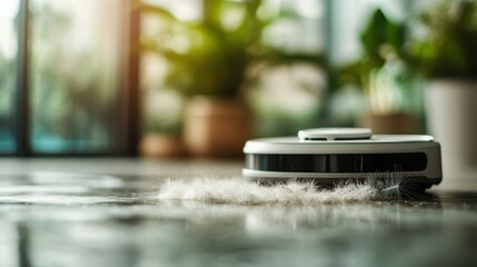 A robotic vacuum cleaner diligently picks up pet hair from a polished floor, showcasing advanced home technology and chore convenience in a sunlit room filled with greenery.