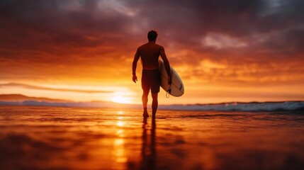 A silhouette of a surfer carrying a surfboard walks along the beach during a breathtaking sunset, illustrating the connection between nature and adventure.
