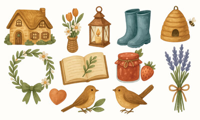 Delightful Cottagecore illustration featuring a rustic house, lantern, boots, beehive, flowers, open book, jam jar, strawberries, lavender, wreath, heart, and birds, capturing a cozy, nature-inspired 