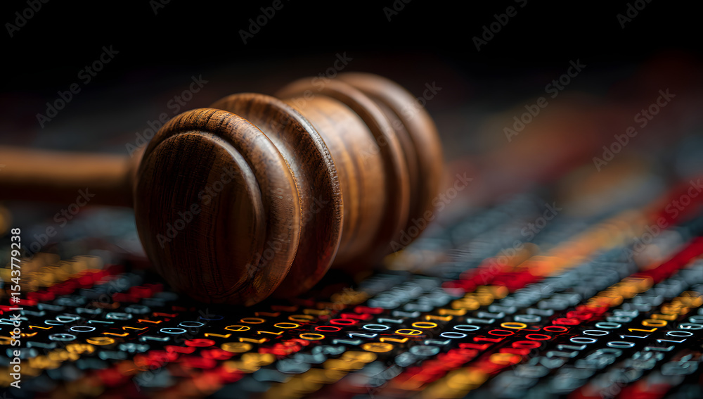 Poster close-up of a wooden gavel resting on a blurred background of colorful binary code, symbolizing cybe
