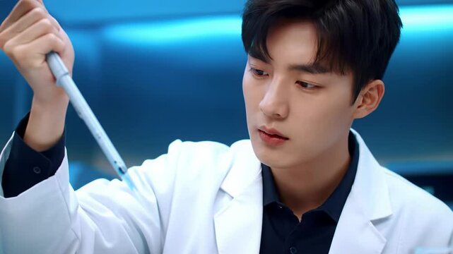 Headshot of an Asian male scientist using a pipette with a microtiter plate and petri dish in a futuristic laboratory during scientific research