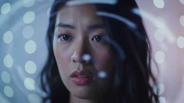 Close-up headshot of an Asian woman immersed in metaverse technology, with futuristic digital elements