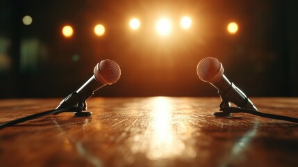 Two microphones stand on a polished wooden stage, illuminated by dramatic lighting, ready for a performance that promises excitement and engagement with the audience.