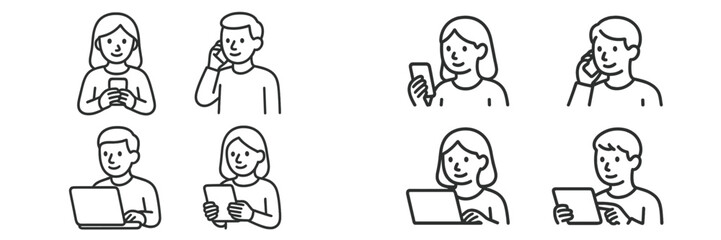 People engaged in communication and technology use in various scenarios