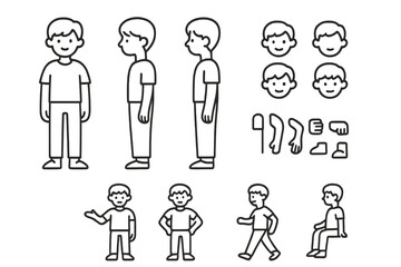Character design featuring a young boy in various poses and expressions ideal for animation and storytelling