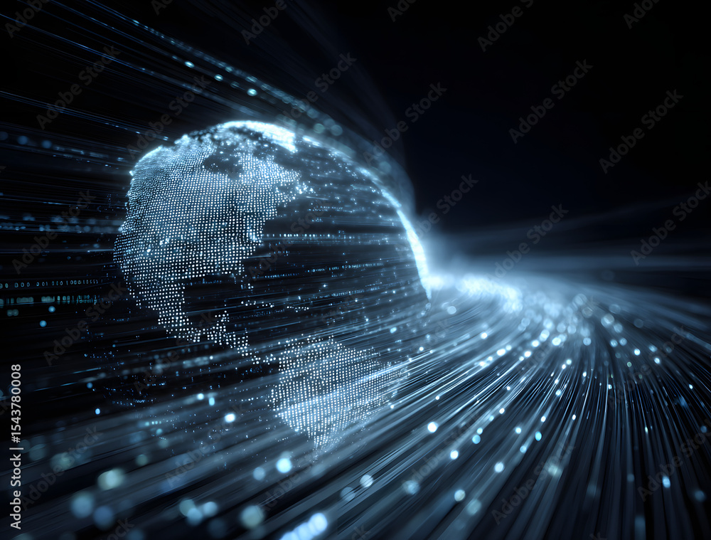 Poster glowing digital globe with binary code and flowing data lines on a dark tech background, symbolizing
