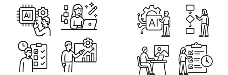 Exploring artificial intelligence concepts through various activities and illustrations in a modern workspace setting