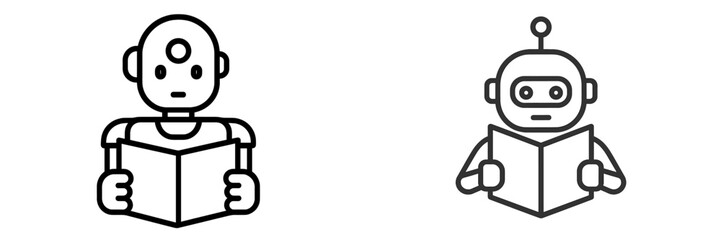 Two robots reading books in a minimalist design showcasing technology and learning