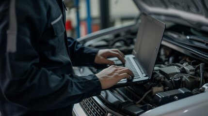 Computer diagnostics. An automotive mechanical technician using laptop computer programming. Car maintenance service concept