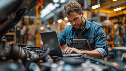 Computer diagnostics. An automotive mechanical technician using laptop computer programming. Car maintenance service concept