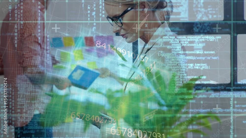 Poster female colleague tapping tablet in tech office animating code as peer pointing notes for alignment