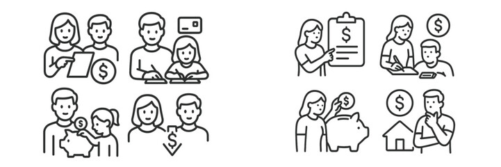 Illustrations depict families engaging in financial discussions and planning in various settings