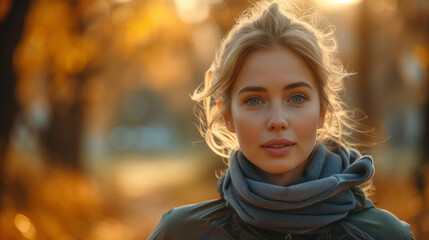Fototapeta premium Young girl jogging in the park in sunny weather