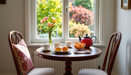 a cozy indoor dining area with a view of the outdoors through a large window