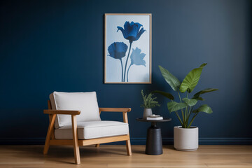 Minimalist Navy Blue Interior with White Armchair, Floral Artwork, and Potted Plant – Contemporary Dark & Light Contrast Design