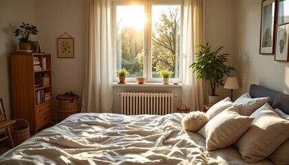 a tidy bedroom with sunlight streaming through a window to illuminate the room. the room features a large bed at the center with white linens and two pillows