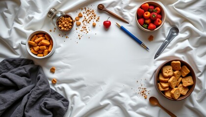 a table with various food items, including nuts, apples, cookies, and bowls of assorted snacks, is presented against a background that features a bed with rumpled sheets, indicatin