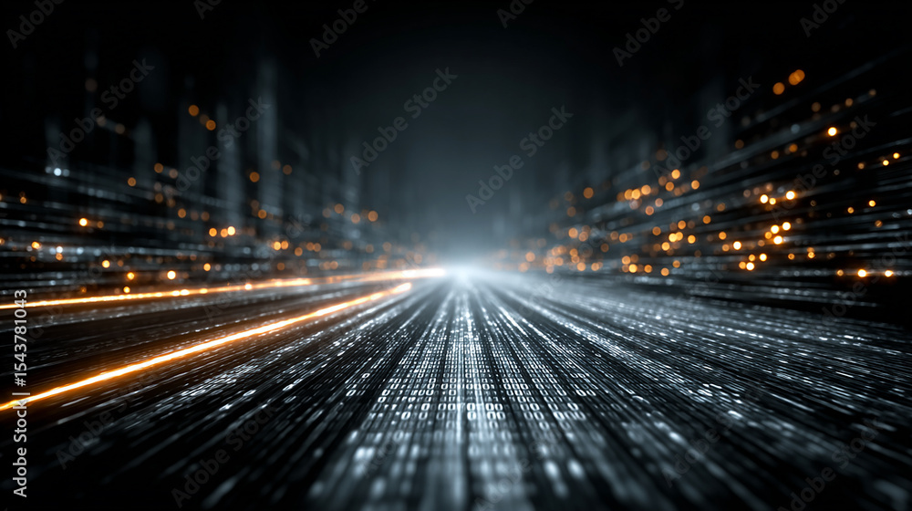 Poster digital highway glowing lines binary code futuristic city lights data stream