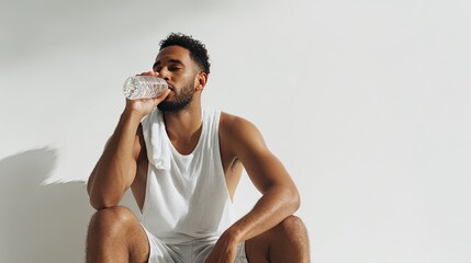 Man in sportswear drinking water after workout on bright background, healthy lifestyle