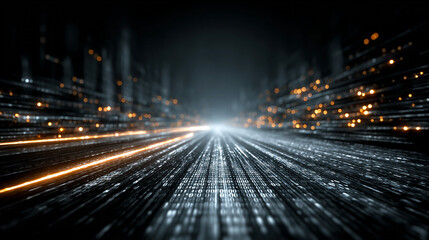 Digital highway glowing lines binary code futuristic city lights data stream