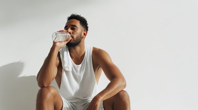 Man in sportswear drinking water after workout on bright background, healthy lifestyle