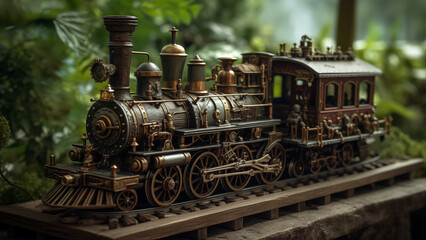 Miniature steampunk train model with brass gears on wooden track, lush green background, vintage style.