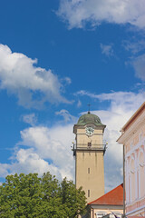 Obraz premium Bell tower of gothic St. Egidius church - Kostol svateho Egidia - at the St. Egidius square in Poprad, Slovakia