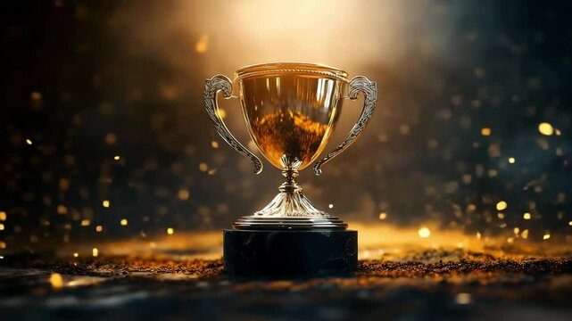 A golden winner cup award on podium honorable, Golden championship rewards, Winner cup and victory concept	