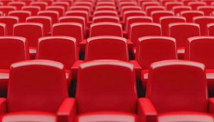 Fototapeta premium Unoccupied Red Seats In A Movie Theater Or Performing Arts Venue, Showcasing The Vibrant Red Color Of The Vacant Seating.