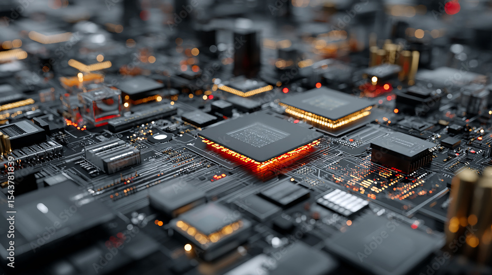 Poster closeup of a complex circuit board with processors glowing orange