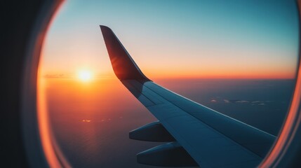 Airplane window view of sunset