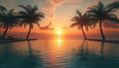 Vintage Filter Enhances The Sunrise View Of Coconut Palm Tree Silhouettes Surrounding A Swimming Pool In A Hotel And Resort.