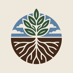 Minimalist vintage tree logo design featuring orgamic roots and natural elements. Ideal for eco-friendly branding, sustainable business identity, and rustic nature-themed projects
