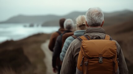 Fototapeta premium A group of hikers walking closely together along a coastal path, enjoying nature's beauty and sharing the experience of adventure in a scenic environment.