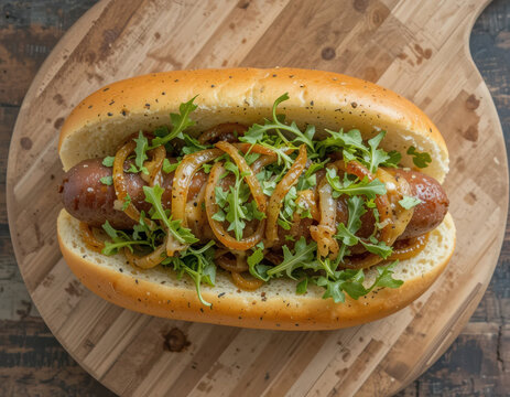 Hog dog gourmet, con cebolla caramelizada y ar&uacute;gula, sobre fondo transparente. PNG. Comida r&aacute;pida.