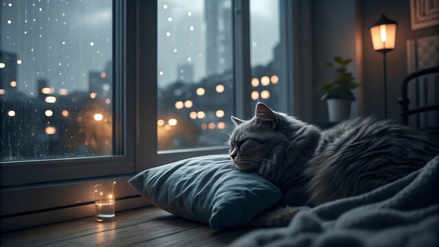 Cozy cat sleeping by window on rainy night city lights
