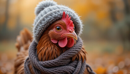 A charming chicken wearing a knitted hat and scarf, posing outdoors in autumn.