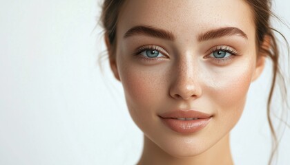 Obraz premium Youthful Beauty: Close-Up Portrait Of A Young Woman With Flawless Skin On A White Background, Radiant Smile And Pure Skin Care Routine.