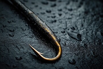 Close-up of a fishing hook on a black background, macro photography. A simple and minimalistic