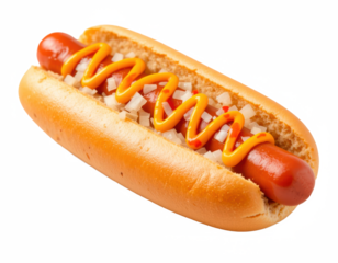 Hog dog, con cebolla y mostaza, sobre fondo transparente. PNG. Comida rápida.