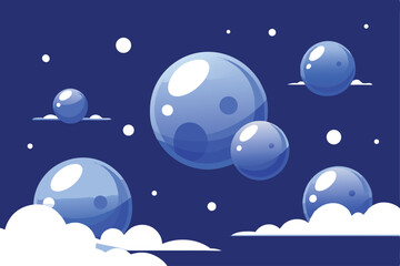 Floating, stylized blue bubbles against a dark night sky with clouds.