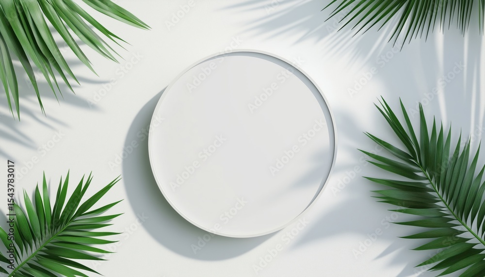 Poster top view of white blank cylinder frame for mockup and product display with palm leaf shadows and whi