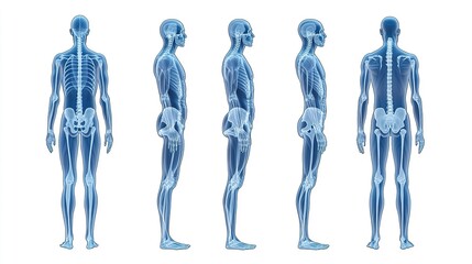 Male human anatomy skeletal system multiple views