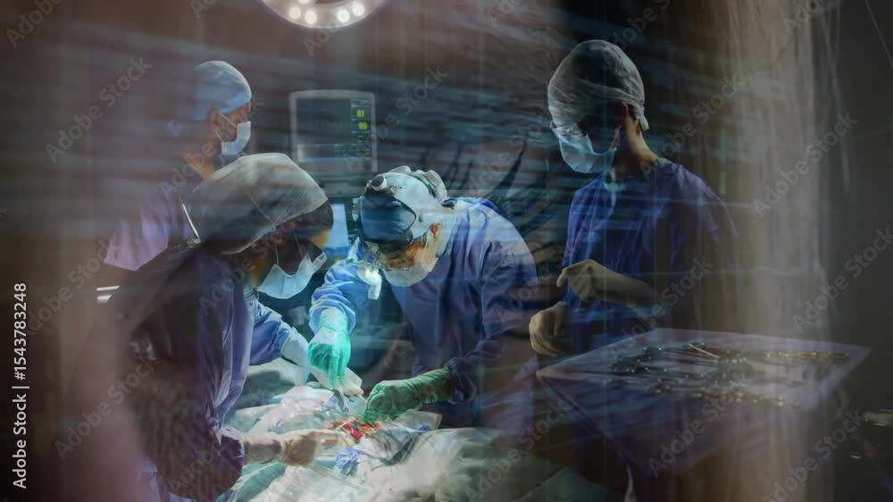Poster lead surgeon making scalpel incision and coordinating team during operation in or with code overlay