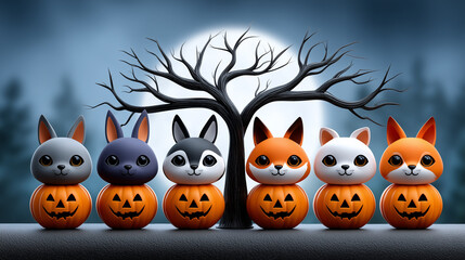Obraz premium Cute Halloween Animals on Pumpkin Jack o Lanterns with Spooky Tree and Moon Background