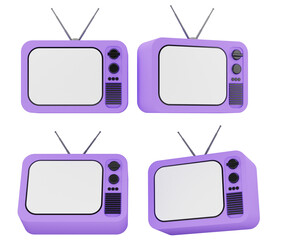 Purple Classic TV Set in 3D from Different Perspectives on Transparent Background 3D Render Illustration