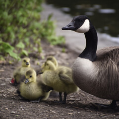 A proud Canada goose stands watch over a group of fluffy goslings near a calm water’s edge, capturing a serene moment in nature and wildlife parenting.