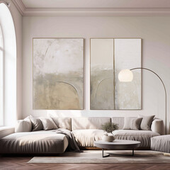 A minimalist modern living room bathed in natural light, with neutral-toned abstract wall art and contemporary furniture, perfect for upscale interior design concepts.
