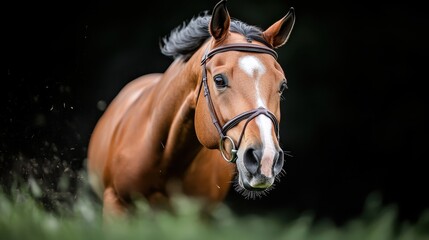 Obraz premium A beautiful horse galloping gracefully through a lush green field, embodying strength and freedom, with an expressive and powerful presence that captures the spirit of nature.